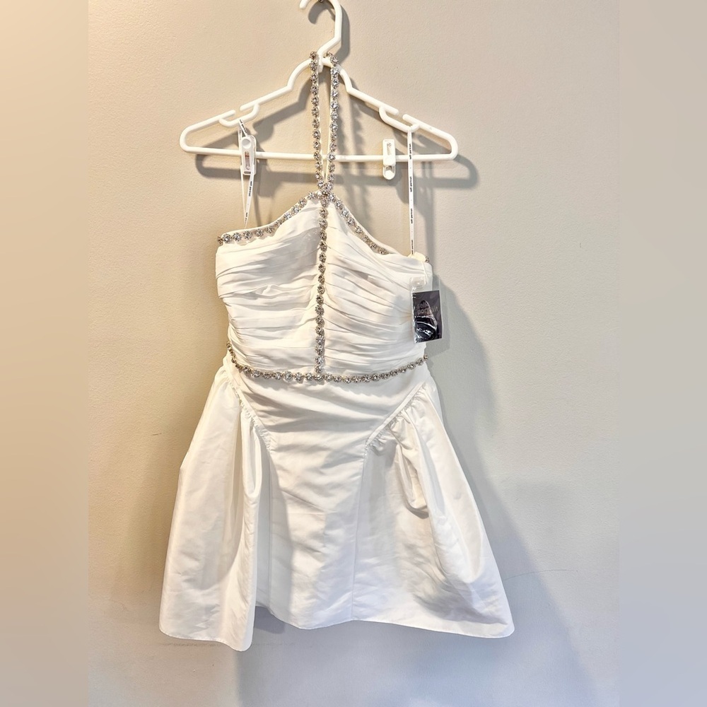NWT Self Portrait Embellished Taffeta Diamante Trim White Dress Size 6 - Picture 6 of 8